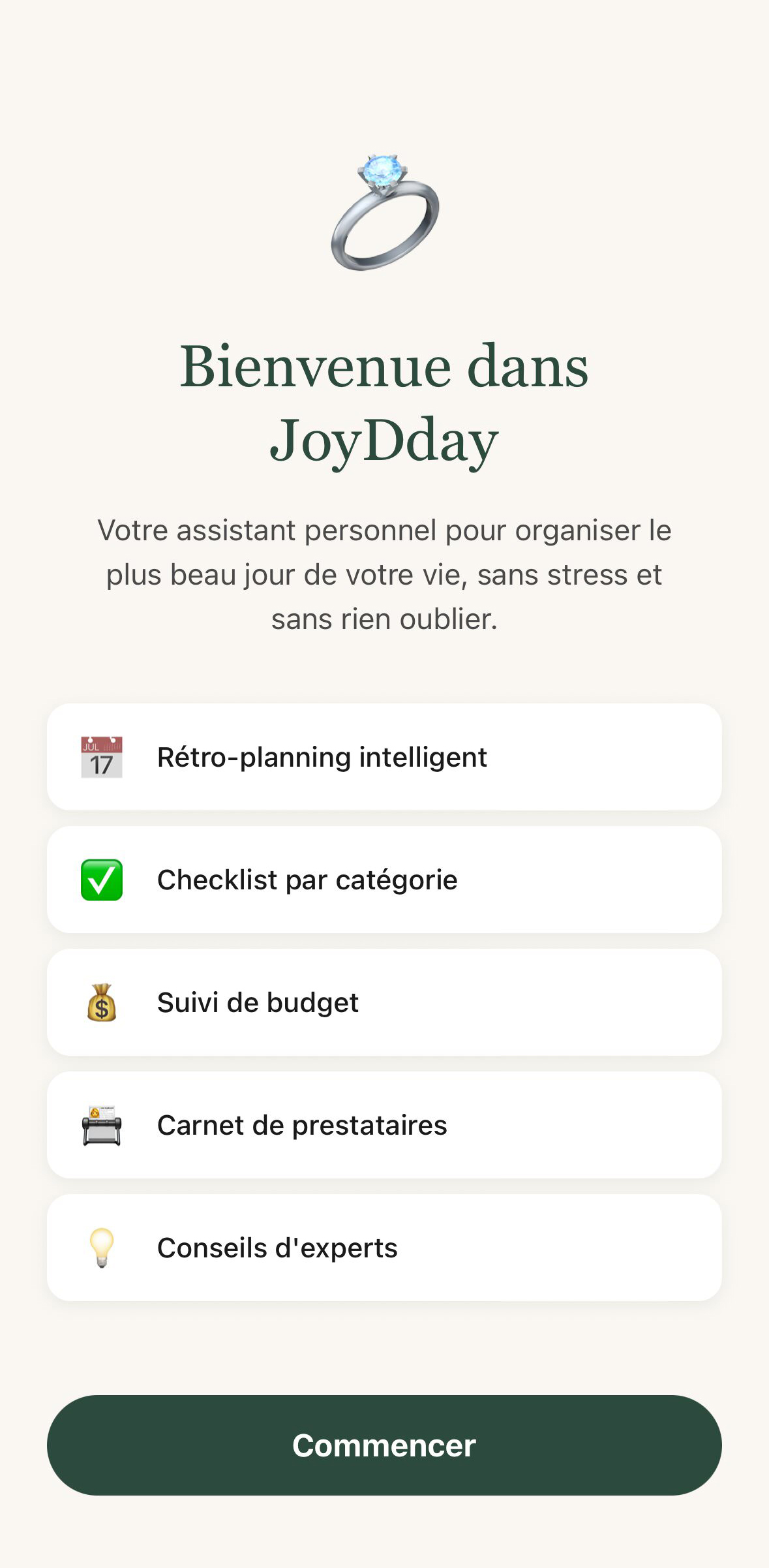 Écran d'accueil de l'application JoyDday - planification de mariage iOS