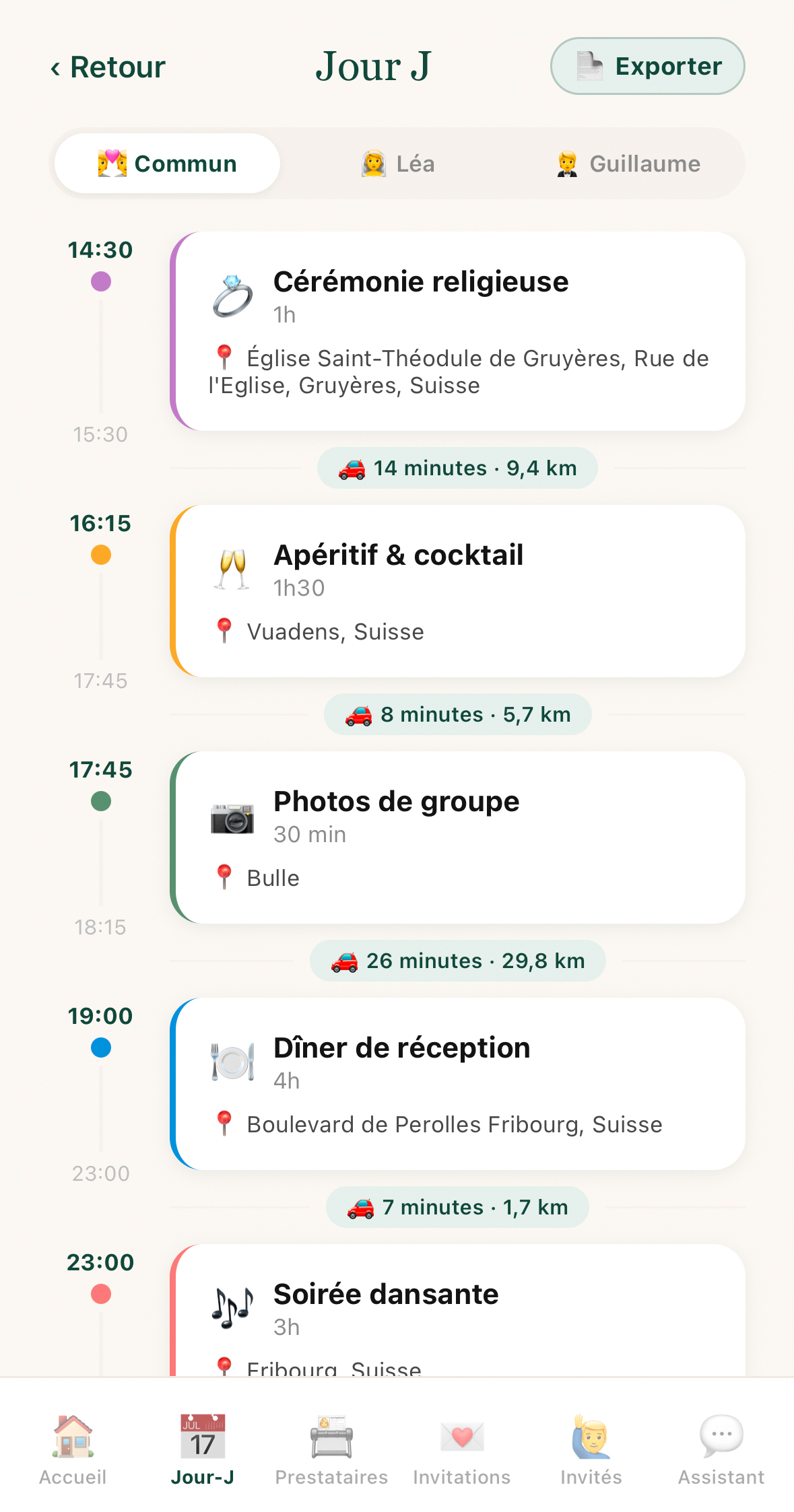 Planning du Jour J avec calcul des trajets dans JoyDday